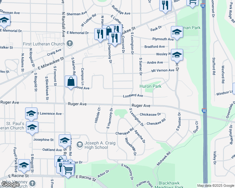 map of restaurants, bars, coffee shops, grocery stores, and more near 2127 Lombard Avenue in Janesville