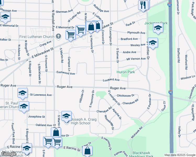 map of restaurants, bars, coffee shops, grocery stores, and more near 2127 Lombard Avenue in Janesville
