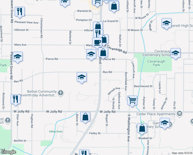 map of restaurants, bars, coffee shops, grocery stores, and more near 1130 Dorchester Circle in Lansing