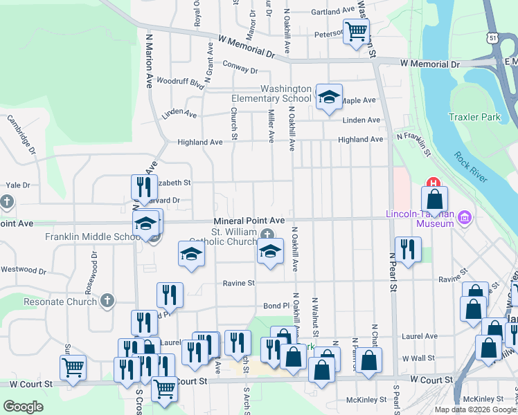 map of restaurants, bars, coffee shops, grocery stores, and more near 516 North Arch Street in Janesville