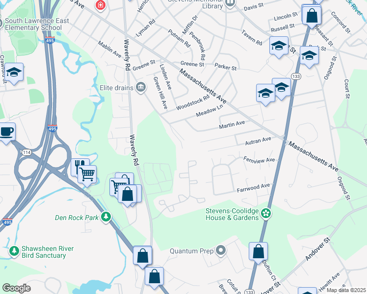 map of restaurants, bars, coffee shops, grocery stores, and more near 340 Wood Lane in North Andover