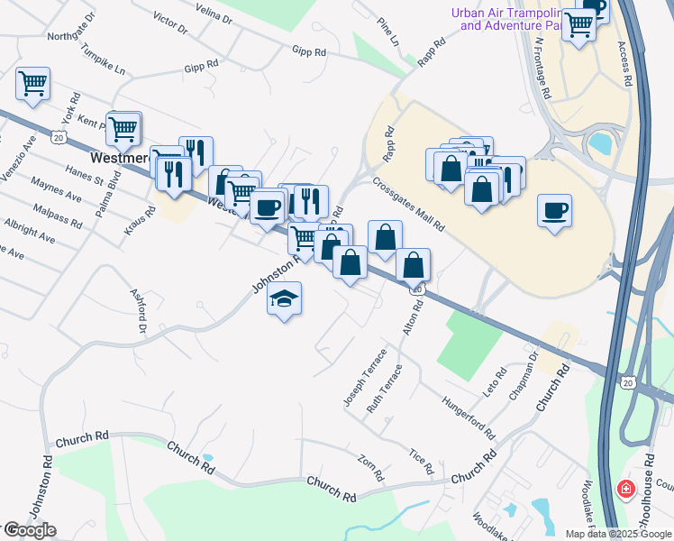 map of restaurants, bars, coffee shops, grocery stores, and more near 1704 Western Avenue in Albany