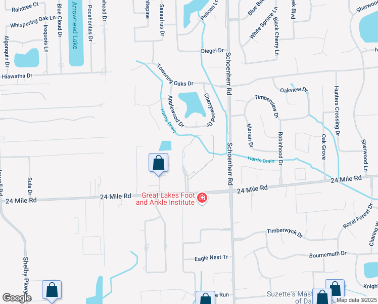 map of restaurants, bars, coffee shops, grocery stores, and more near 53053 Pondview Drive in Macomb County