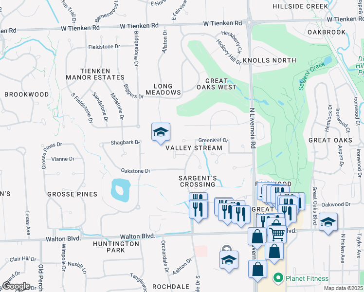 map of restaurants, bars, coffee shops, grocery stores, and more near 1374 Oakrock Lane in Rochester Hills