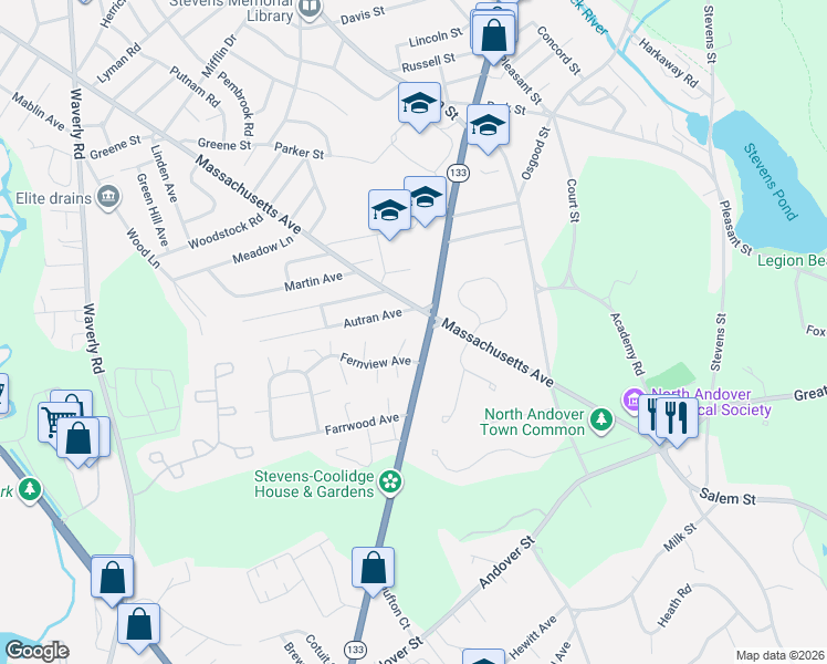 map of restaurants, bars, coffee shops, grocery stores, and more near 1 Fernview Avenue in North Andover