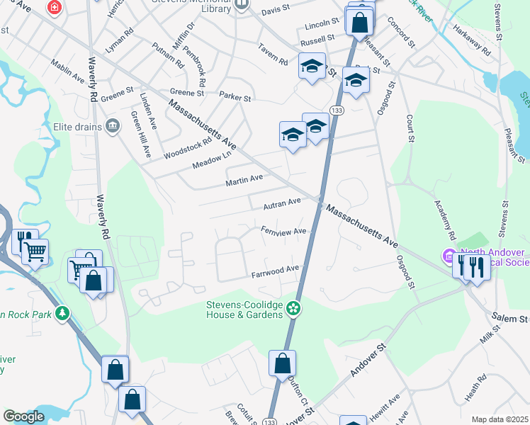 map of restaurants, bars, coffee shops, grocery stores, and more near 74 Autran Avenue in North Andover