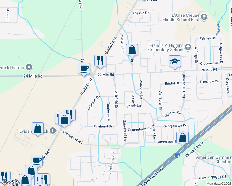map of restaurants, bars, coffee shops, grocery stores, and more near 52900 Muirfield Drive in New Baltimore