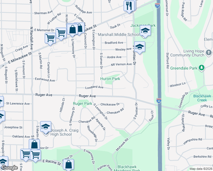 map of restaurants, bars, coffee shops, grocery stores, and more near 2411 Lombard Avenue in Janesville