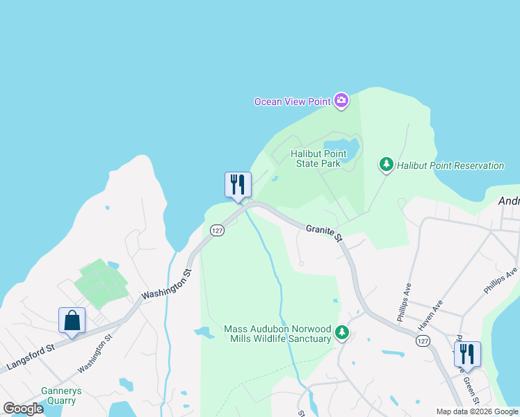 map of restaurants, bars, coffee shops, grocery stores, and more near 338 Granite Street in Rockport
