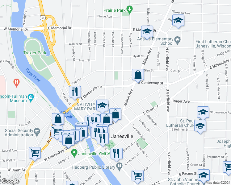 map of restaurants, bars, coffee shops, grocery stores, and more near 603 Prospect Avenue in Janesville