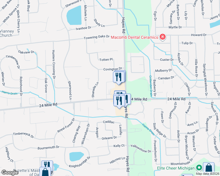 map of restaurants, bars, coffee shops, grocery stores, and more near 118 Celtic Drive in Macomb County