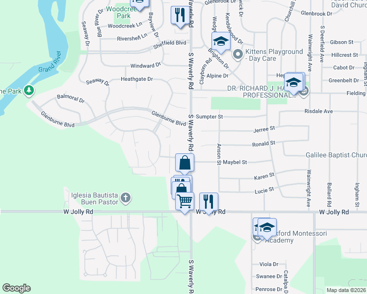 map of restaurants, bars, coffee shops, grocery stores, and more near 3900 Burneway Drive in Lansing