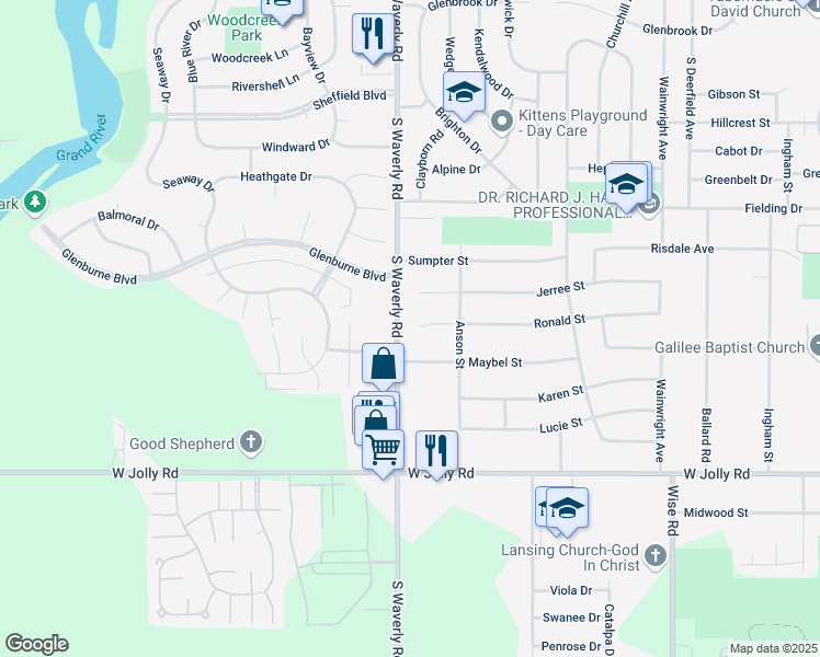 map of restaurants, bars, coffee shops, grocery stores, and more near 3821 Ronald Street in Lansing