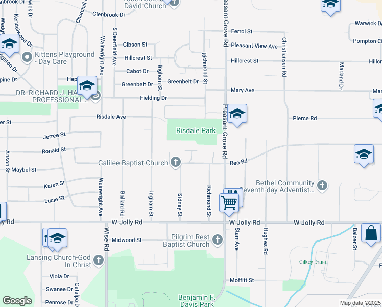 map of restaurants, bars, coffee shops, grocery stores, and more near 2370 Reo Road in Lansing