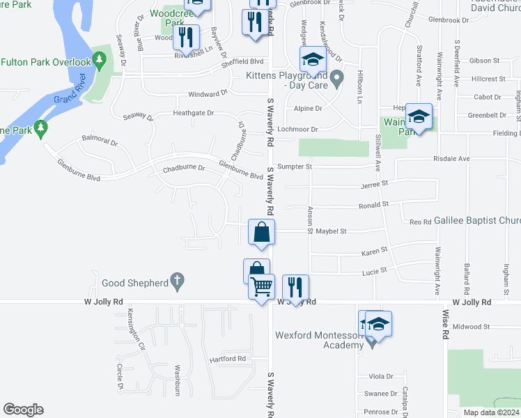 map of restaurants, bars, coffee shops, grocery stores, and more near 3821 Ronald Street in Lansing