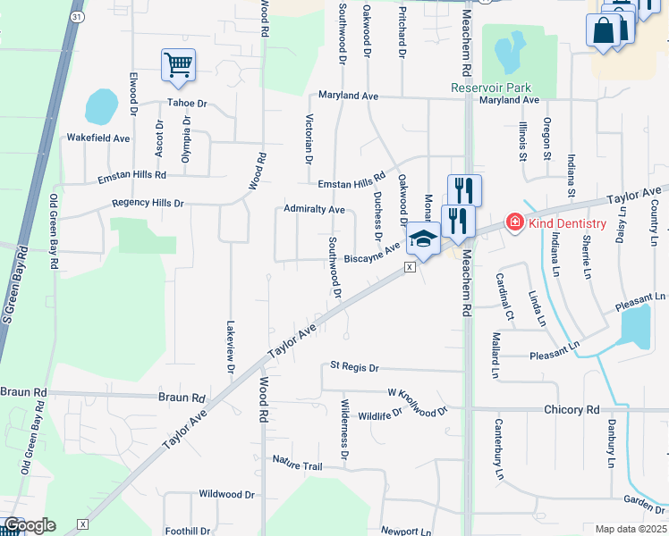 map of restaurants, bars, coffee shops, grocery stores, and more near 3821 Southwood Drive in Racine