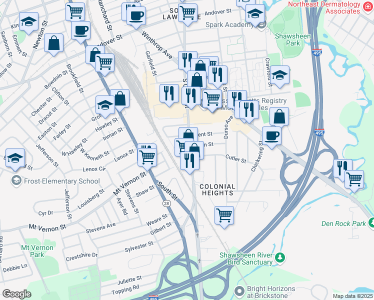 map of restaurants, bars, coffee shops, grocery stores, and more near 567 South Union Street in Lawrence