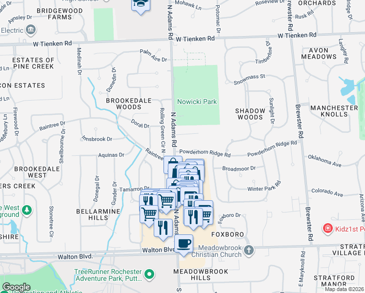 map of restaurants, bars, coffee shops, grocery stores, and more near 2969 Powderhorn Ridge Road in Rochester Hills
