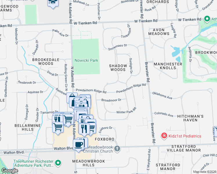 map of restaurants, bars, coffee shops, grocery stores, and more near 2742 Powderhorn Ridge Road in Rochester Hills