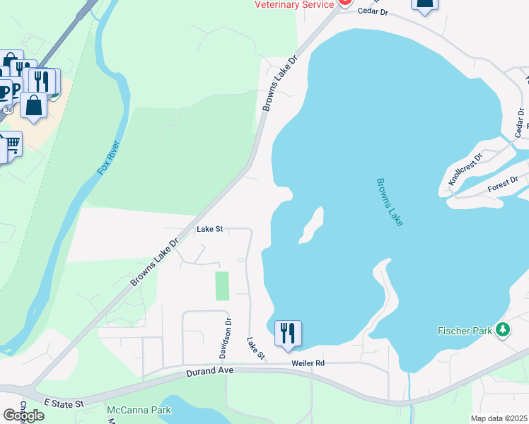 map of restaurants, bars, coffee shops, grocery stores, and more near 3405 South Browns Lake Drive in Burlington