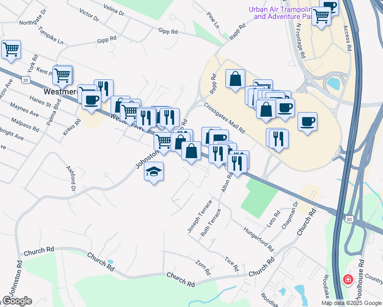 map of restaurants, bars, coffee shops, grocery stores, and more near 1704 Western Avenue in Albany