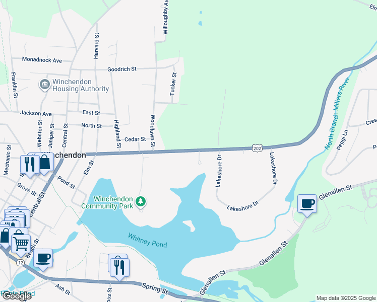 map of restaurants, bars, coffee shops, grocery stores, and more near 295 Route 202 in Winchendon