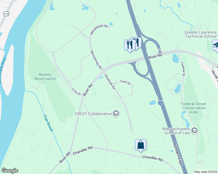 map of restaurants, bars, coffee shops, grocery stores, and more near 40 Shattuck Road in Andover