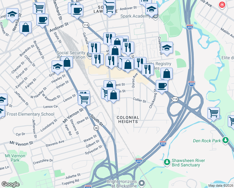 map of restaurants, bars, coffee shops, grocery stores, and more near 592 South Union Street in Lawrence