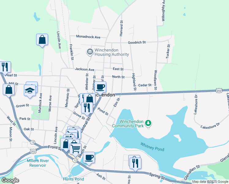 map of restaurants, bars, coffee shops, grocery stores, and more near 103 Maple Street in Winchendon