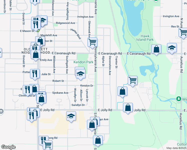 map of restaurants, bars, coffee shops, grocery stores, and more near 4618 South Pennsylvania Avenue in Lansing