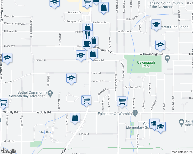 map of restaurants, bars, coffee shops, grocery stores, and more near 1010 Vincent Court in Lansing