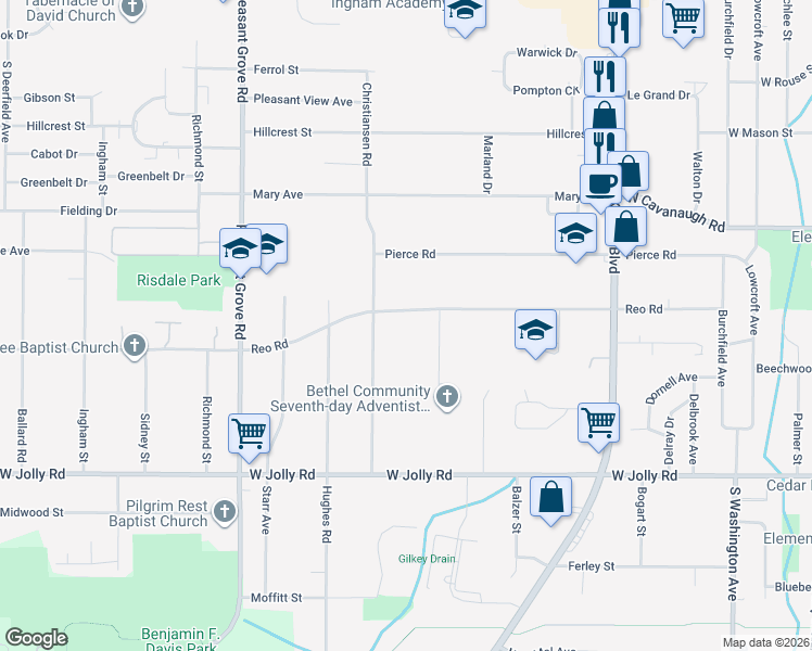map of restaurants, bars, coffee shops, grocery stores, and more near 4625 Christiansen Road in Lansing