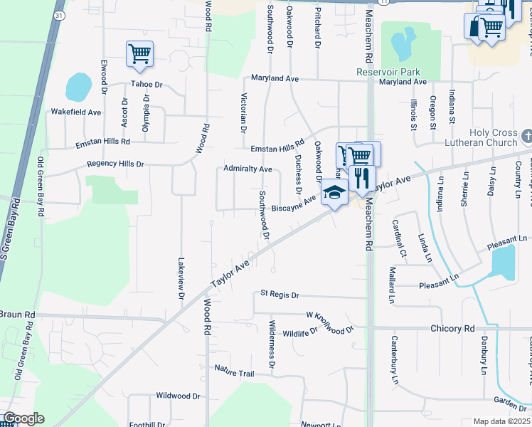 map of restaurants, bars, coffee shops, grocery stores, and more near 3821 Southwood Drive in Racine