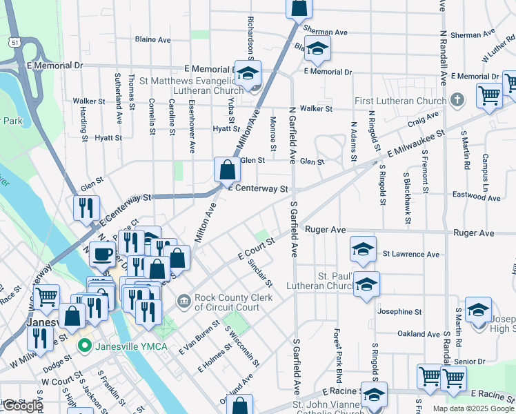 map of restaurants, bars, coffee shops, grocery stores, and more near 829 East Milwaukee Street in Janesville