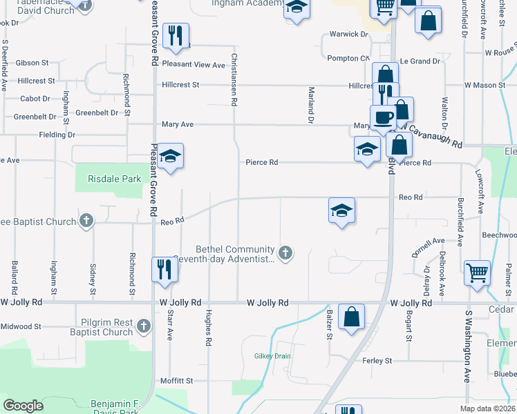 map of restaurants, bars, coffee shops, grocery stores, and more near 4625 Christiansen Road in Lansing