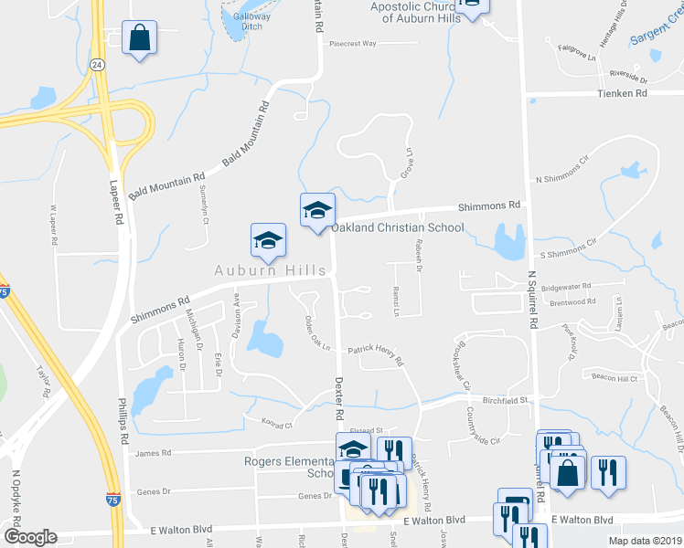 map of restaurants, bars, coffee shops, grocery stores, and more near 3050 Shimmons Road in Auburn Hills