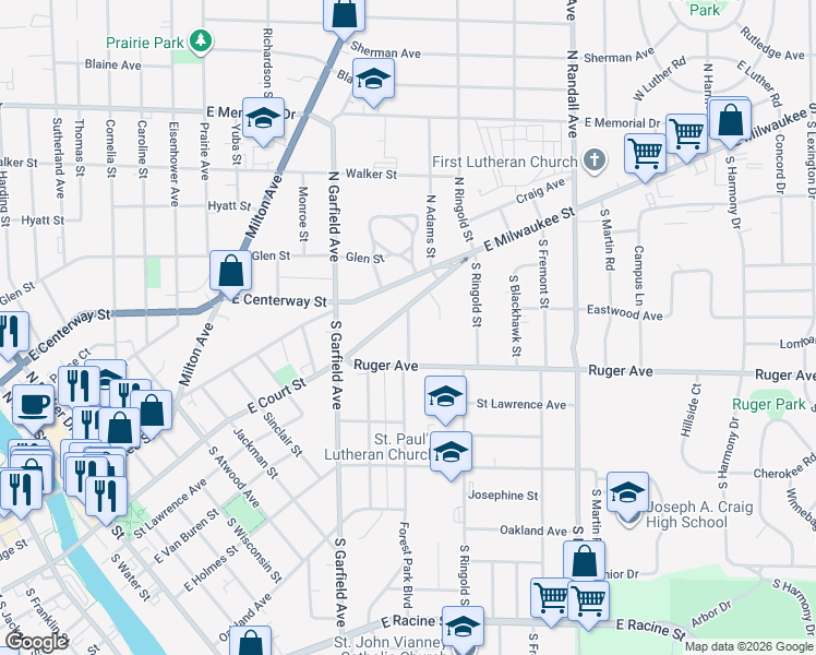 map of restaurants, bars, coffee shops, grocery stores, and more near 34 Forest Park Blvd in Janesville