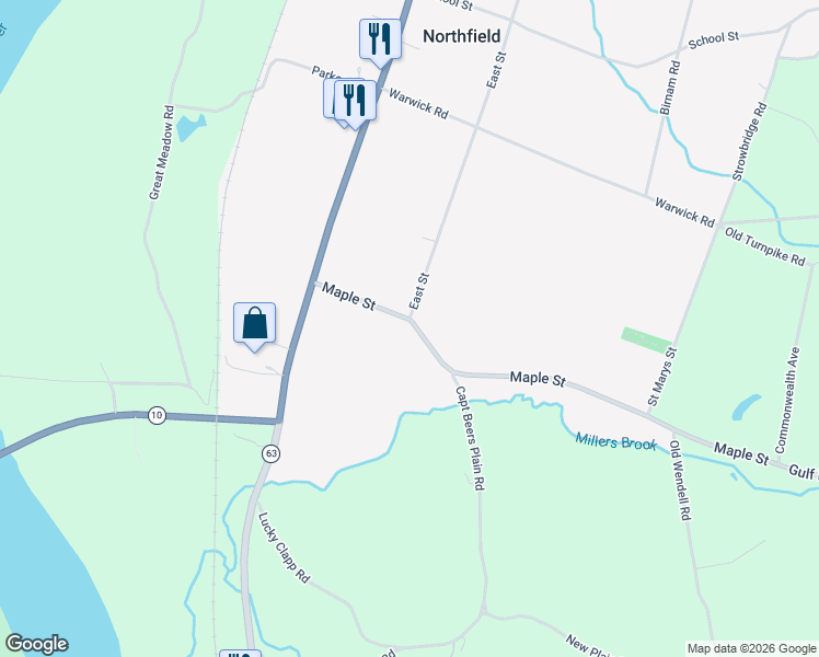 map of restaurants, bars, coffee shops, grocery stores, and more near 45 Maple Street in Northfield