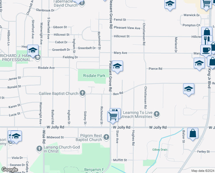 map of restaurants, bars, coffee shops, grocery stores, and more near 2202 Reo Road in Lansing