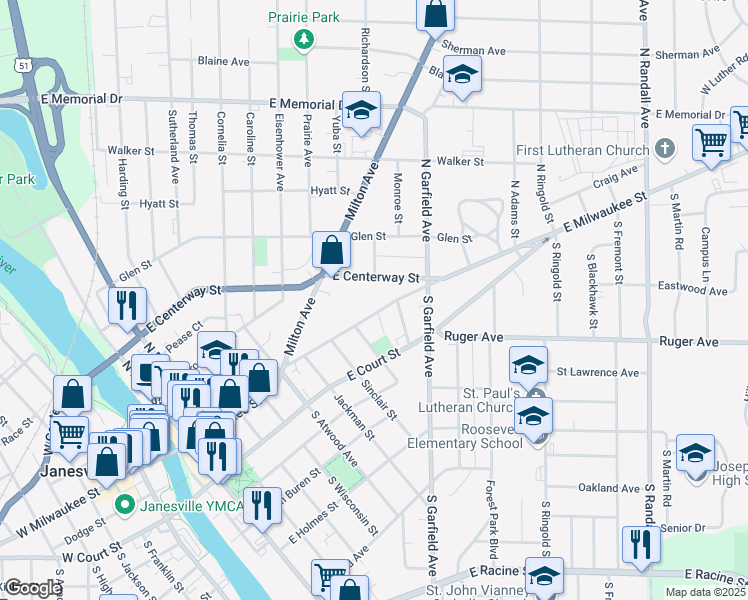 map of restaurants, bars, coffee shops, grocery stores, and more near 826 East Milwaukee Street in Janesville