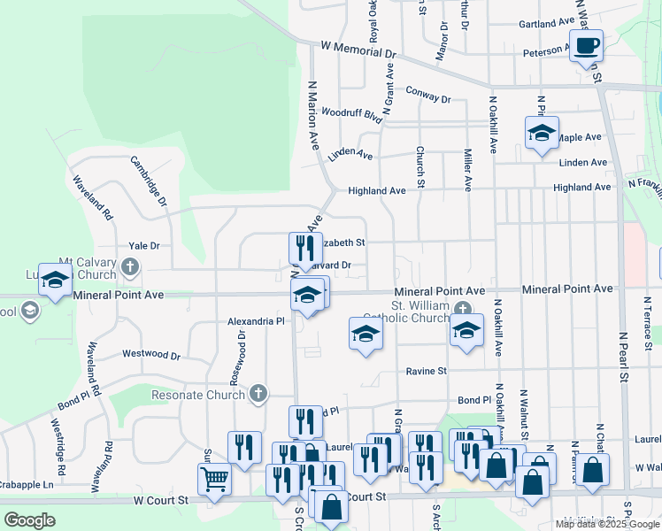 map of restaurants, bars, coffee shops, grocery stores, and more near 2408 Mineral Point Avenue in Janesville