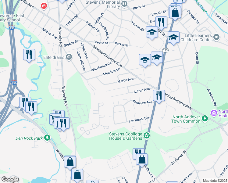 map of restaurants, bars, coffee shops, grocery stores, and more near 141 Autran Avenue in North Andover