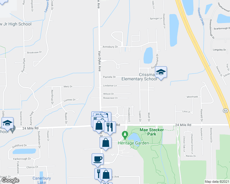 map of restaurants, bars, coffee shops, grocery stores, and more near 8201 Wilson Drive in Utica