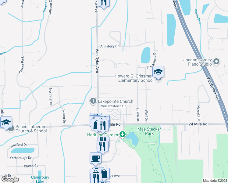 map of restaurants, bars, coffee shops, grocery stores, and more near 8200 Rosecrest Court in Macomb County