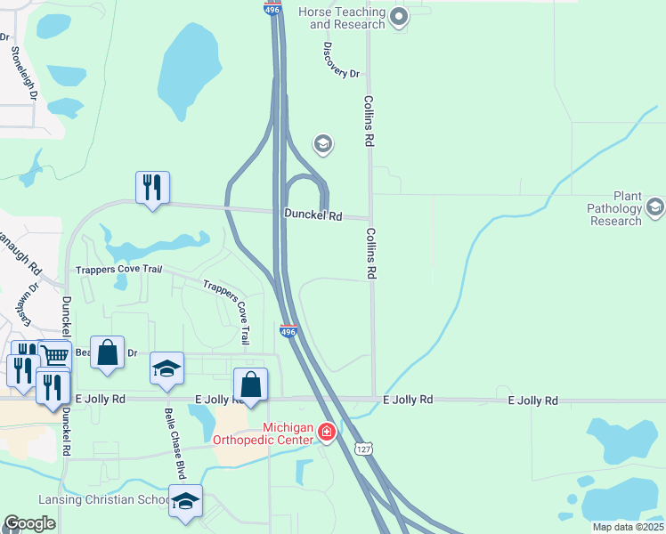 map of restaurants, bars, coffee shops, grocery stores, and more near in Lansing