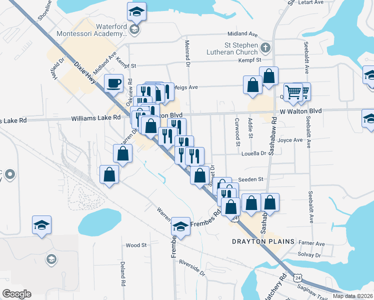 map of restaurants, bars, coffee shops, grocery stores, and more near 4700 Dixie Highway in Waterford Township