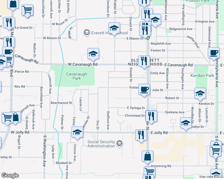 map of restaurants, bars, coffee shops, grocery stores, and more near 111 Potter Avenue in Lansing