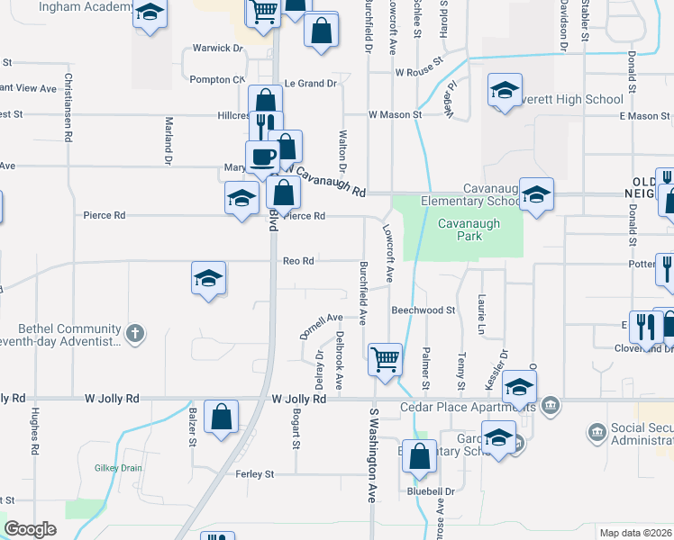 map of restaurants, bars, coffee shops, grocery stores, and more near 830 Vincent Court in Lansing