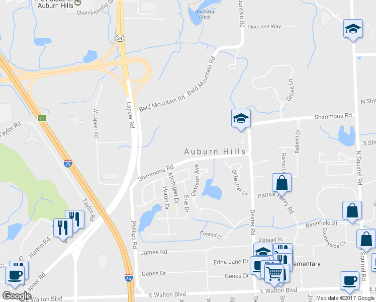 map of restaurants, bars, coffee shops, grocery stores, and more near 2785 Shimmons Road in Auburn Hills