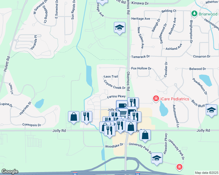 map of restaurants, bars, coffee shops, grocery stores, and more near 2325 Coyote Creek Drive in Meridian charter Township